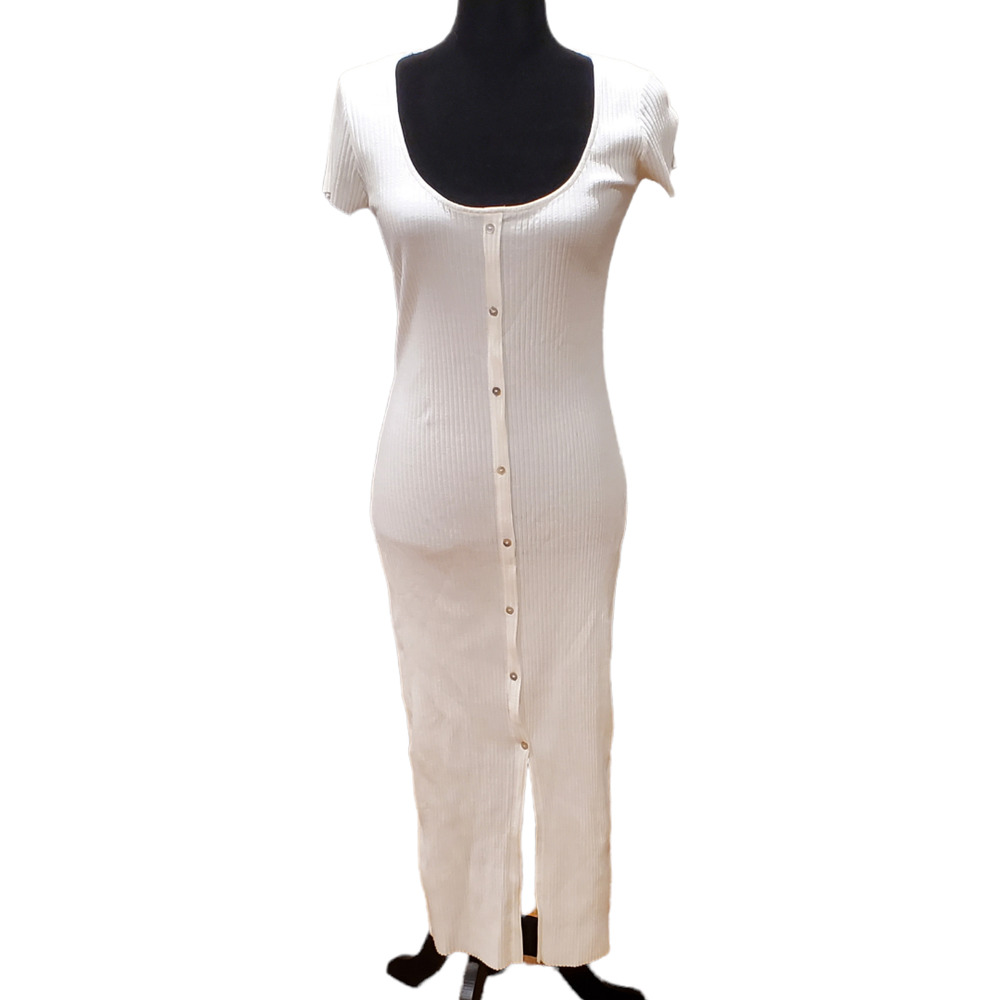 Zara Ribbed White Button Up Short Sleeve Dress Size Medium